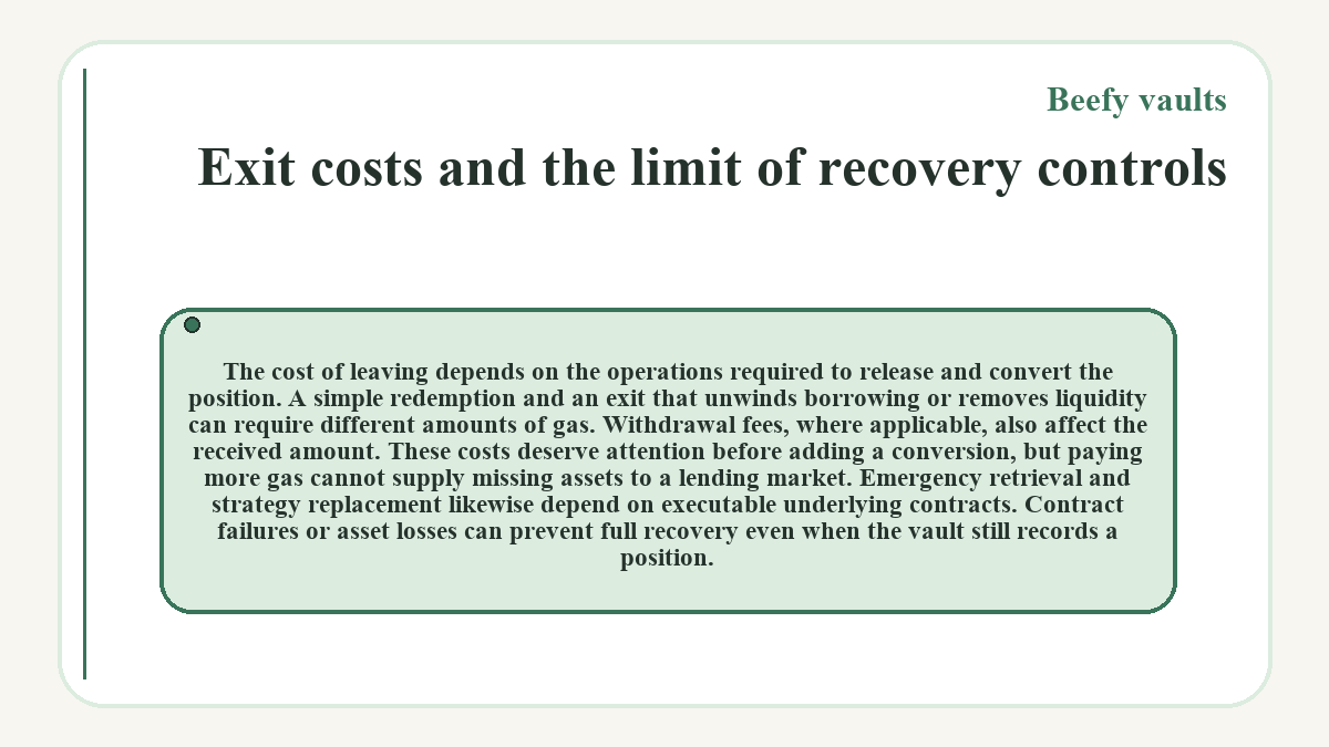 Exit costs and the limit of recovery controls: The cost of leaving depends on the operations required to release and convert the position. A simple redemption and an exit that unwinds borrowing or removes liquidity can require different amounts of gas. Withdrawal fees, where applicable, also affect the received amount. These costs deserve attention before adding a conversion, but paying more gas cannot supply missing assets to a lending market. Emergency retrieval and strategy replacement likewise depend on executable underlying contracts. Contract failures or asset losses can prevent full recovery even when the vault still records a position.